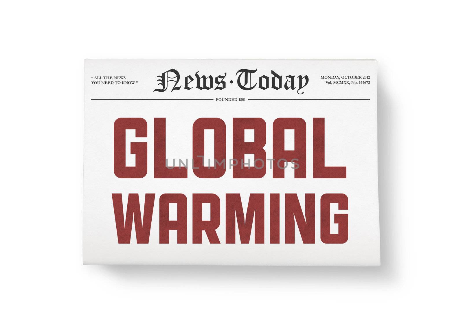 A newspapers with headline "Global Warming". Top view shot. Isolated on white.