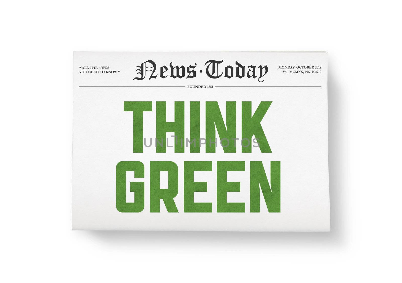 A newspapers with headline "Think green". Top view shot. Isolated on white.