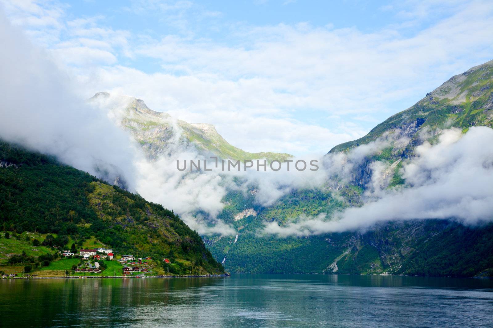 Cloudy morning in Geirangerfjord, Norway (listed as a UNESCO World Heritage Site)