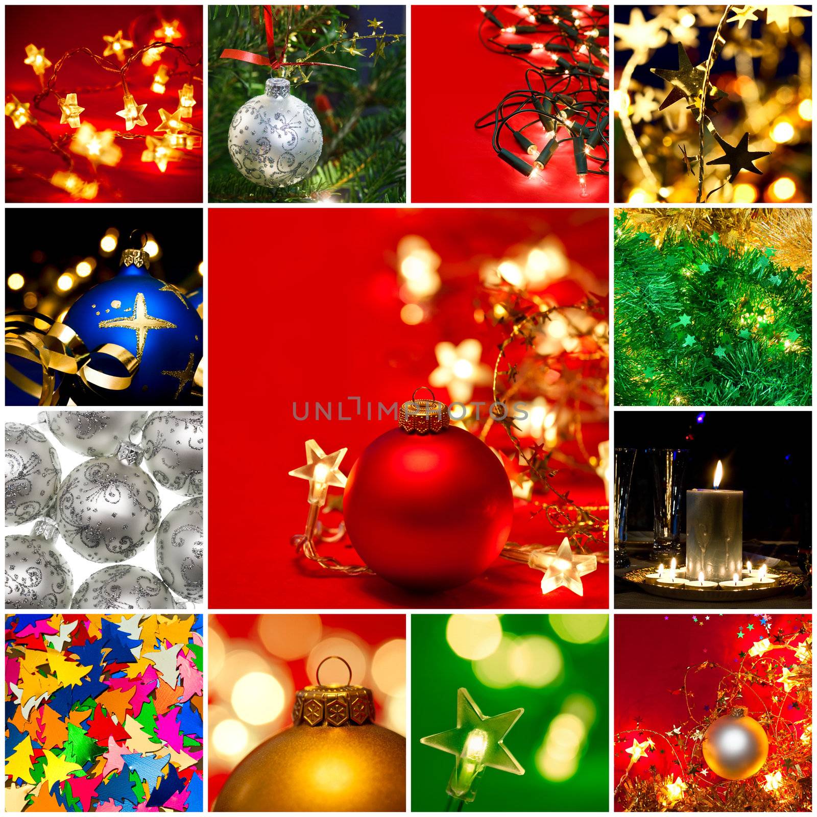Various Christmas baubles tinsel and lights collection