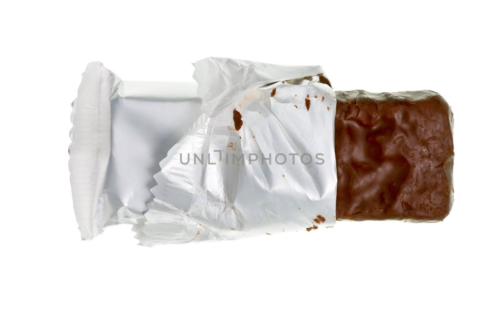 Open chocolate or cereal bar on white background