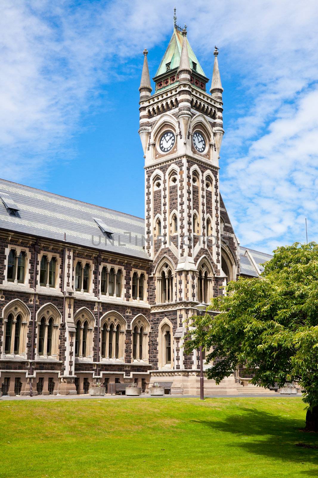 Clocktower of University of Otago Registry Building in Dunedin, New Zealand