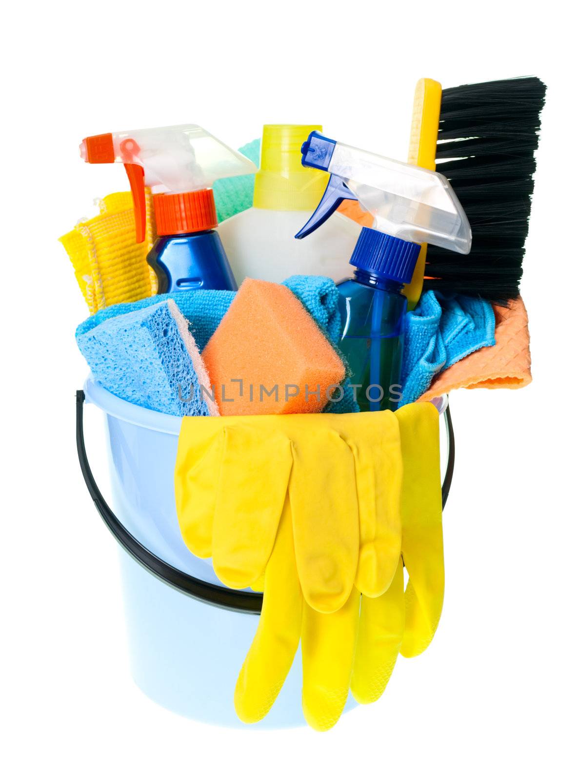 Plastic bucket with cleaning supplies on white background