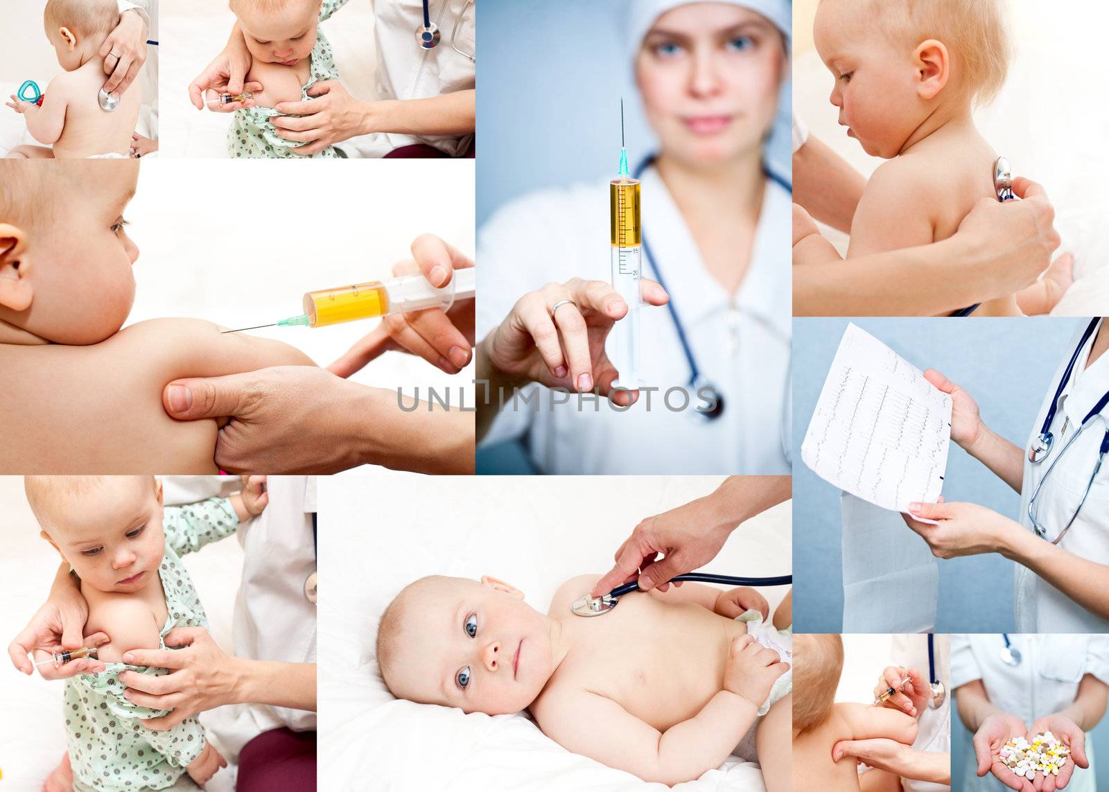 Pediatrician examining little baby girl with stethoscope and giving an injection in arm