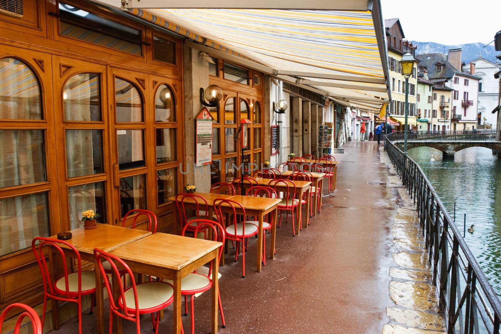 Empty street cafe on a rainy day