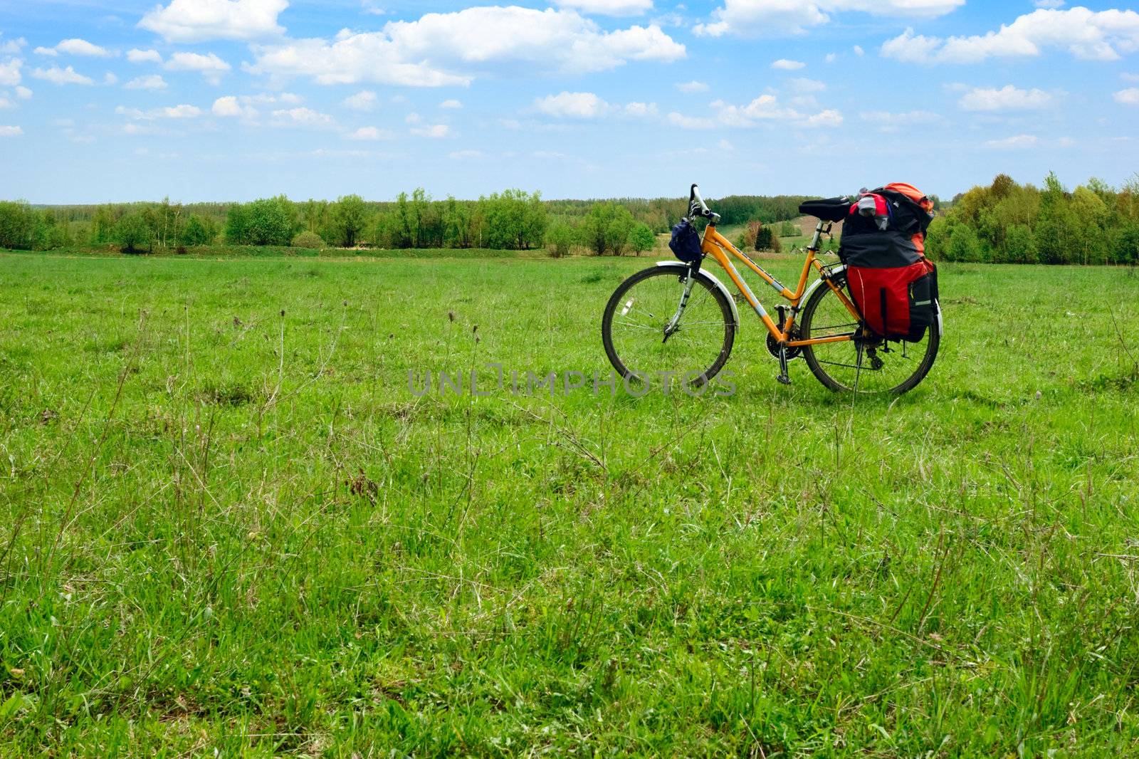Loaded touring bicycle on rest break in field