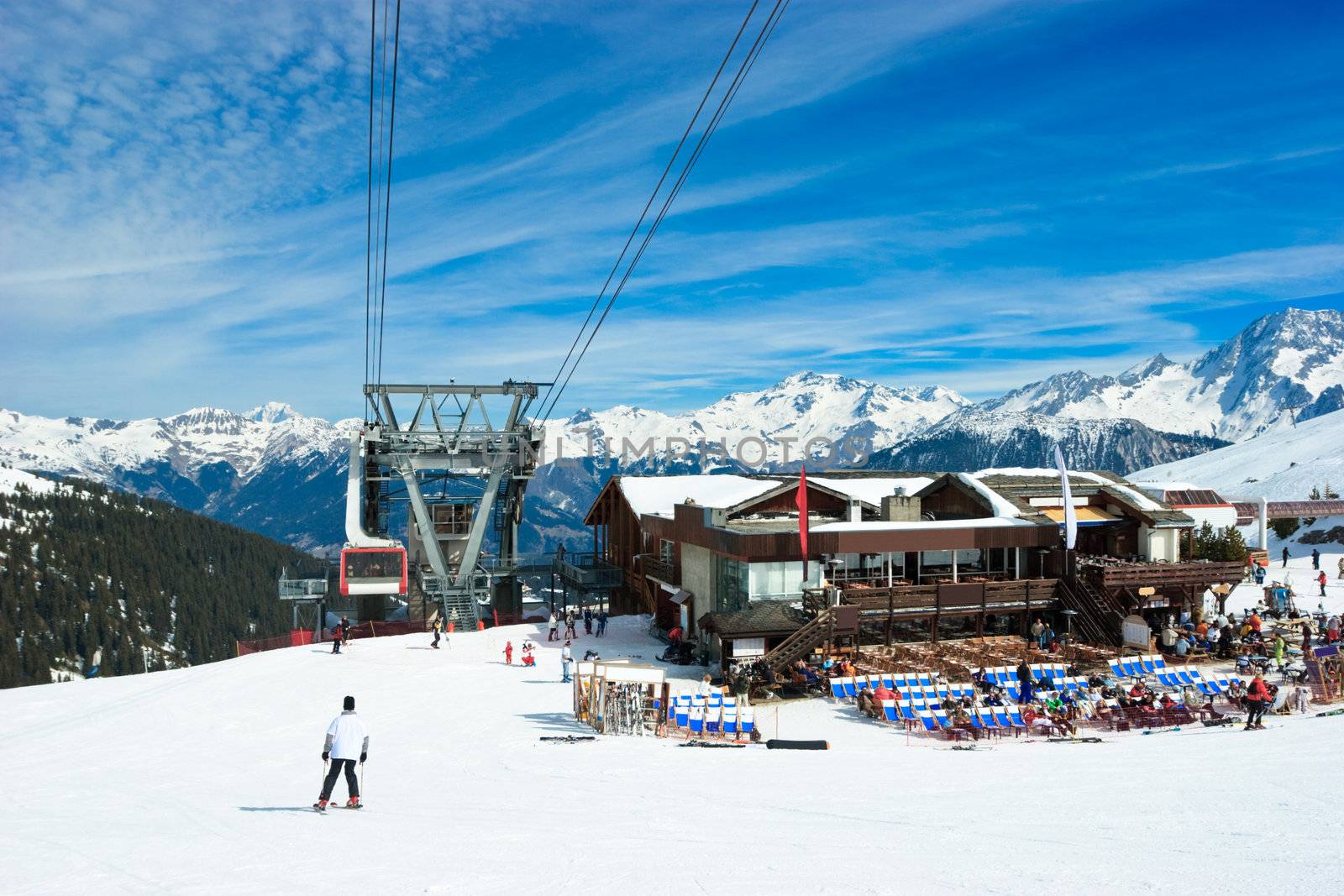 Aerial tramway and Restaurant at Alpine ski resort