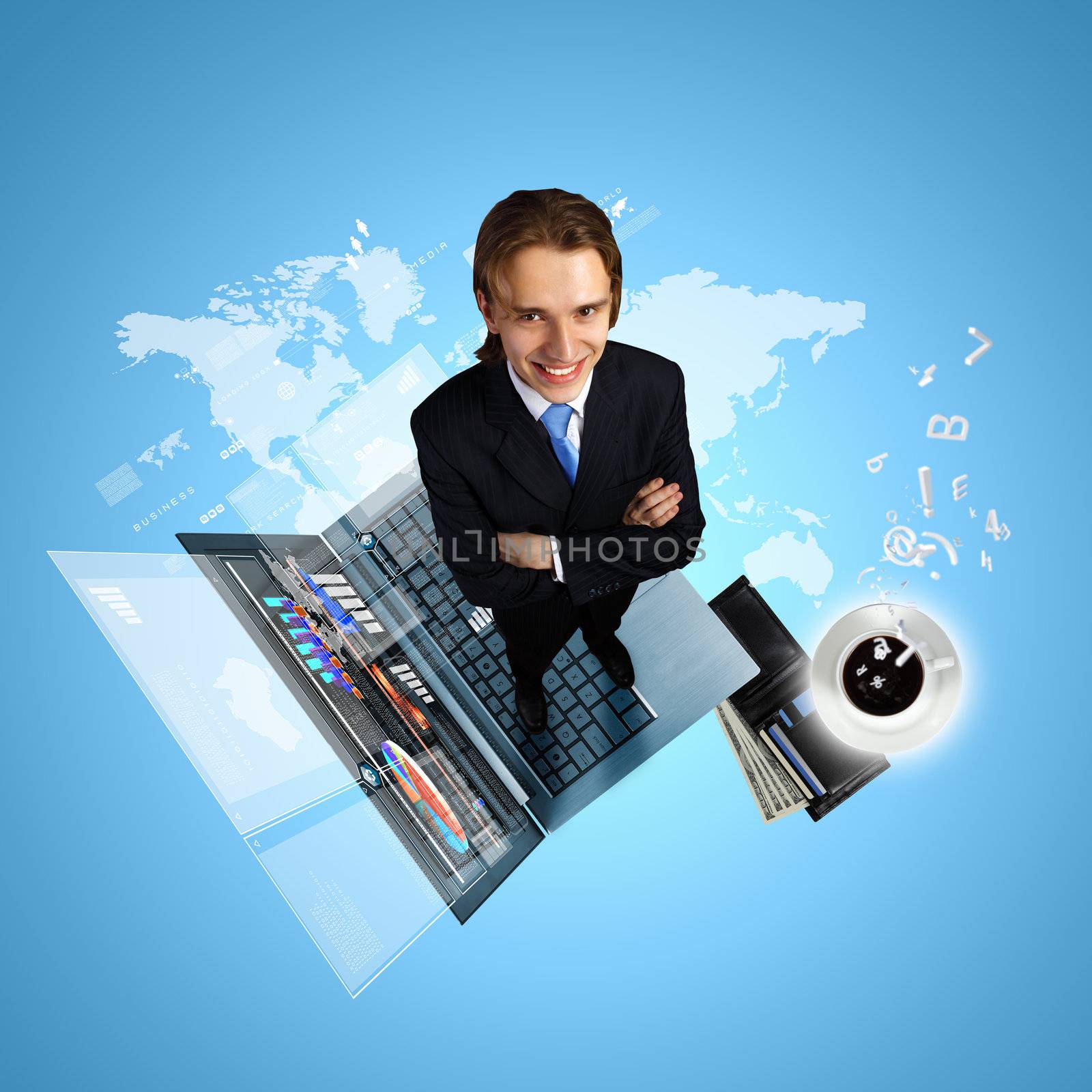 Modern technology illustration with computers and business person