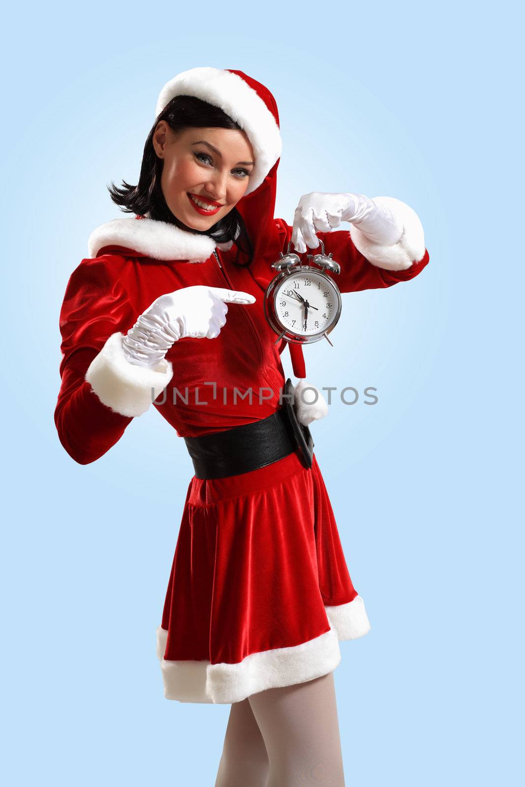 excited girl with santa hat holding clock. illustration