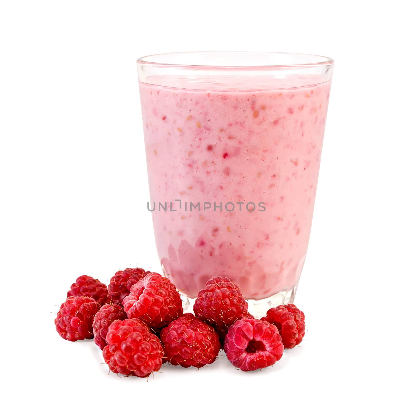 The glass of milkshake, raspberry isolated on white background