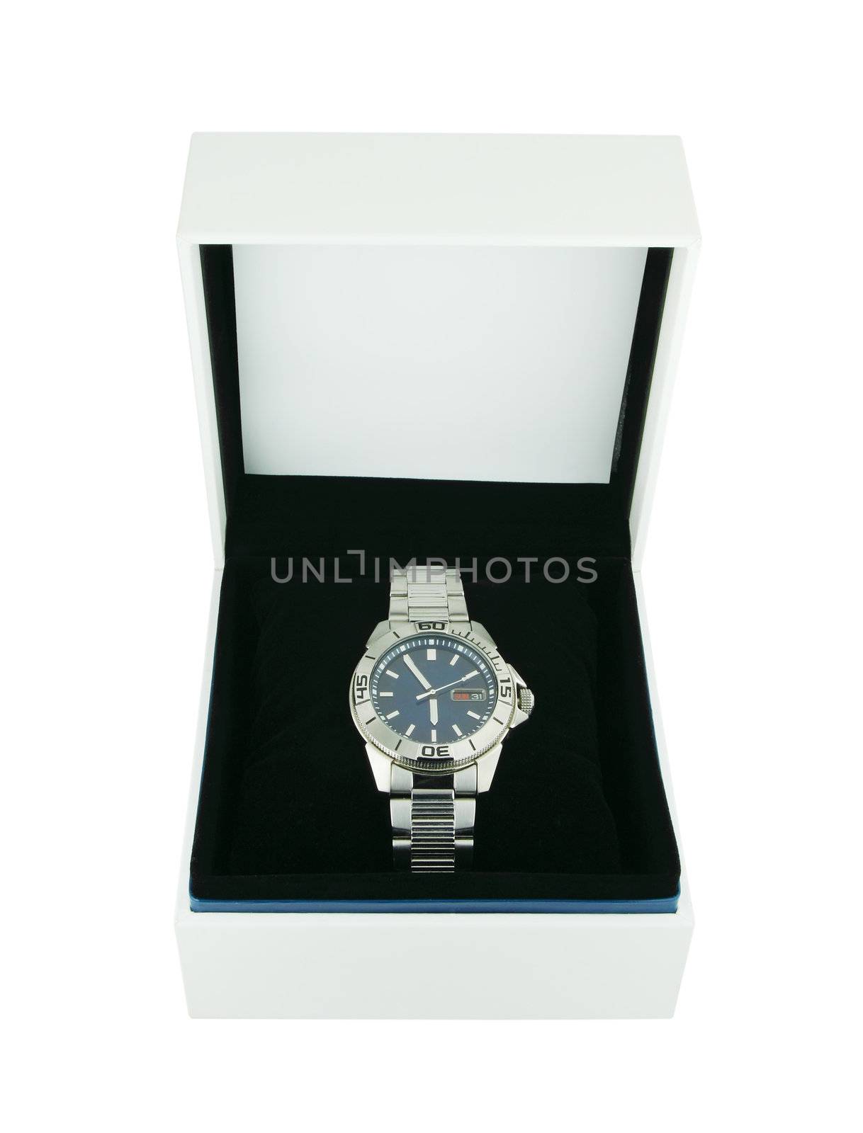 white box with luxury watch on white background