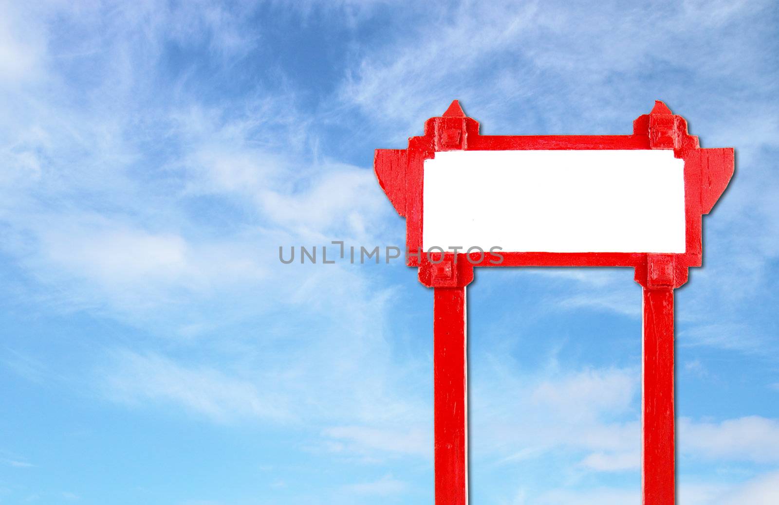 red blank wooden sign with blue sky by geargodz