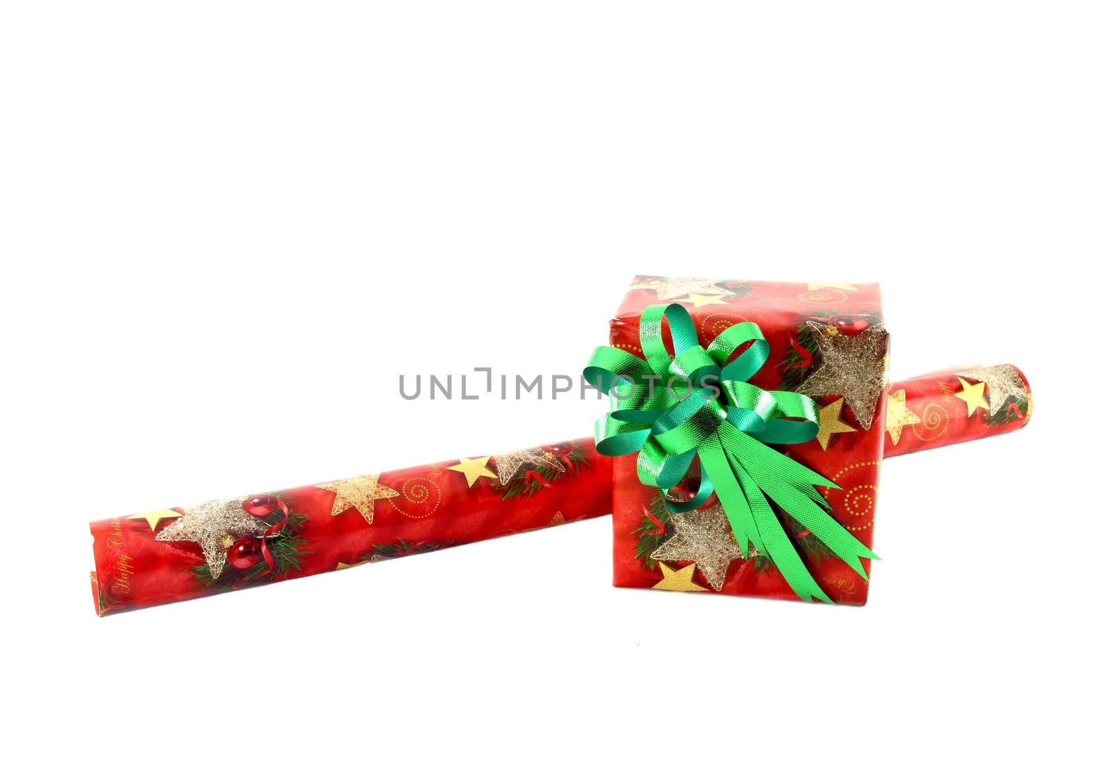 gift box with roll of paper on white background by geargodz