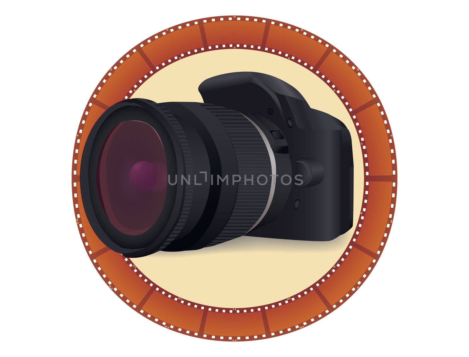 digital camera inside photographic filmstrip circle vector illustration