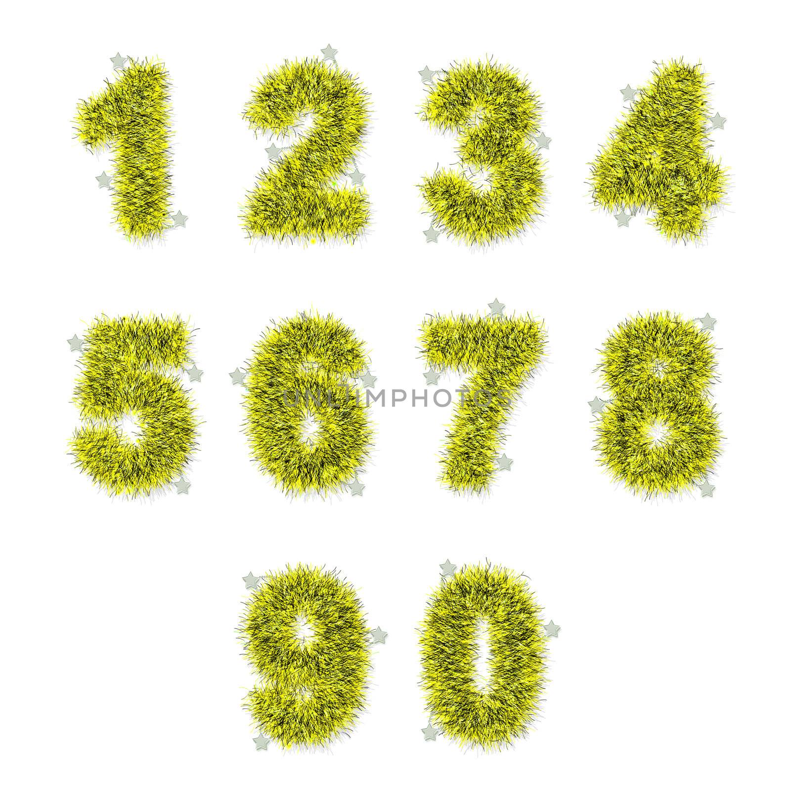 yellow tinsel digits with star on white background
