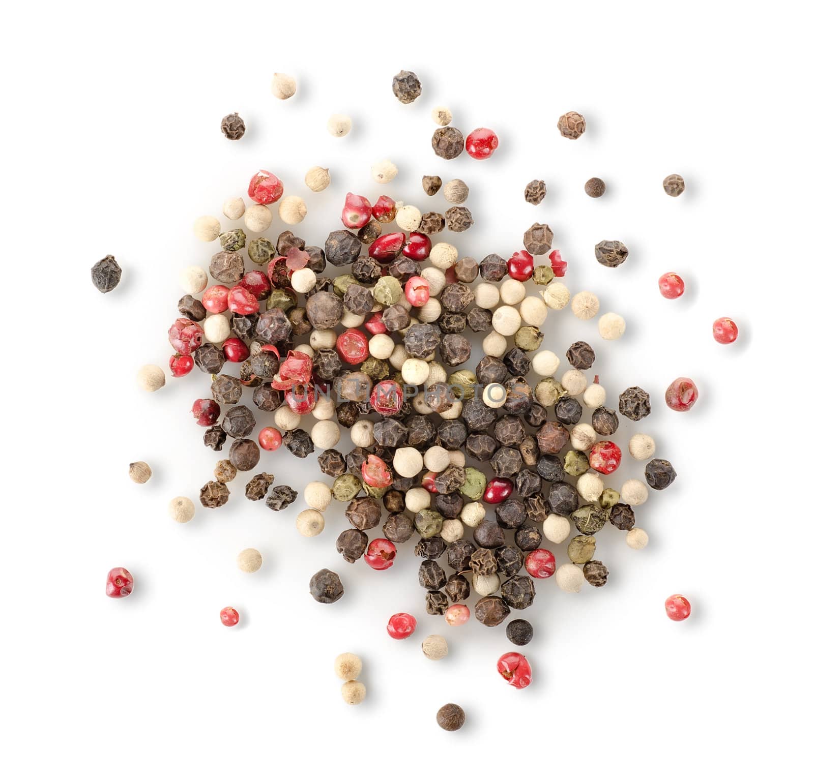 Spices of red and black pepper isolated on white background