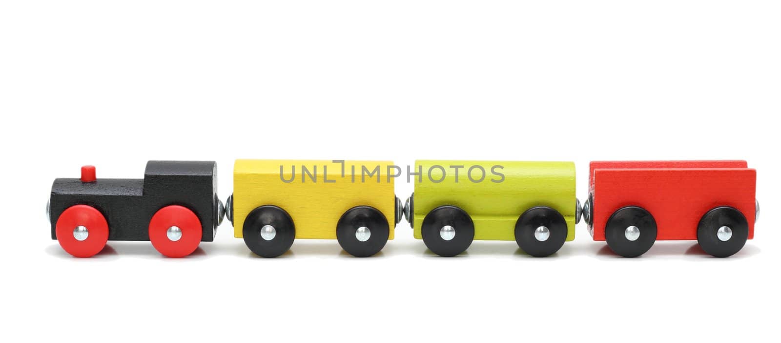 wooden train with three wagons on white background