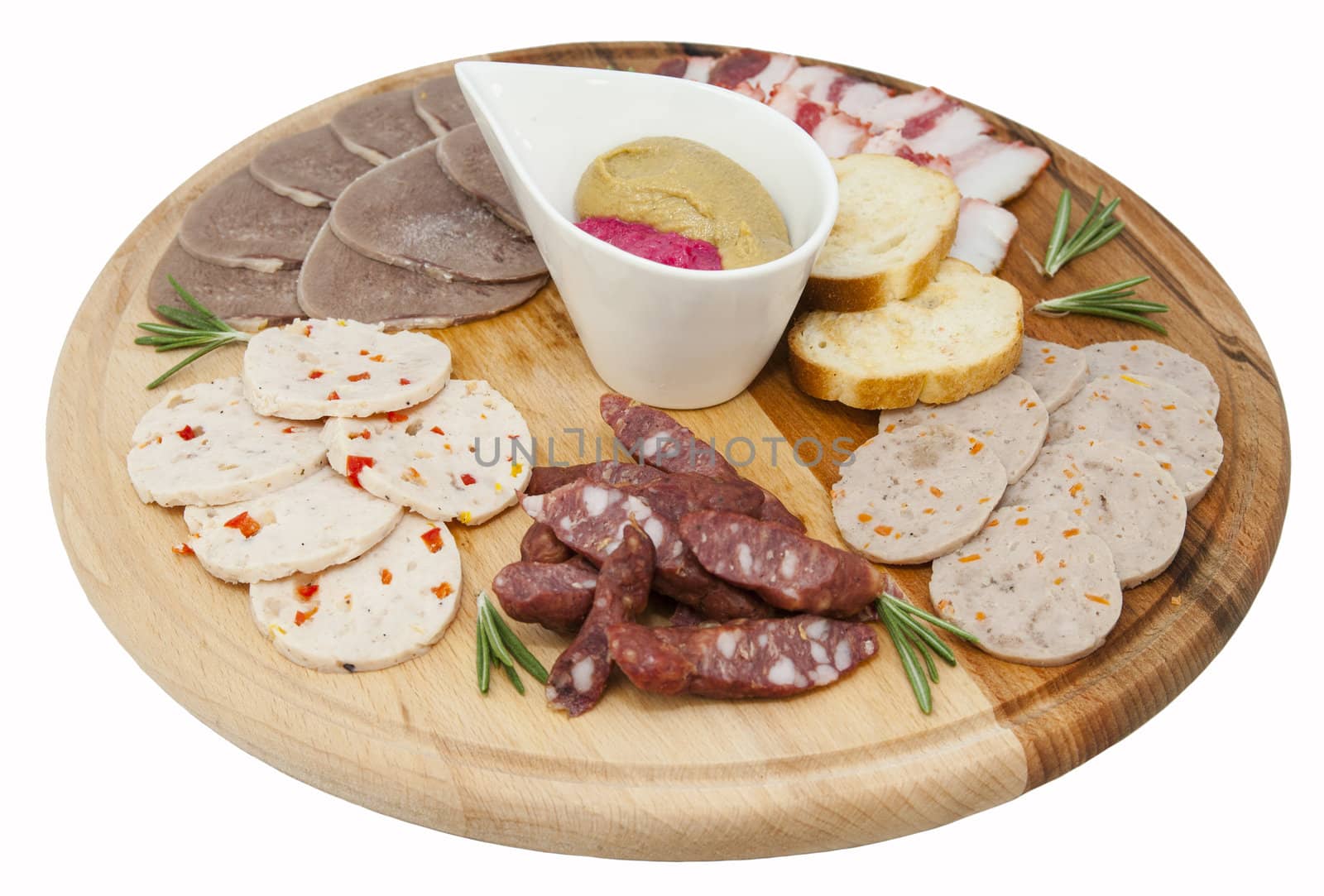 a plate of sausage and bacon on white background