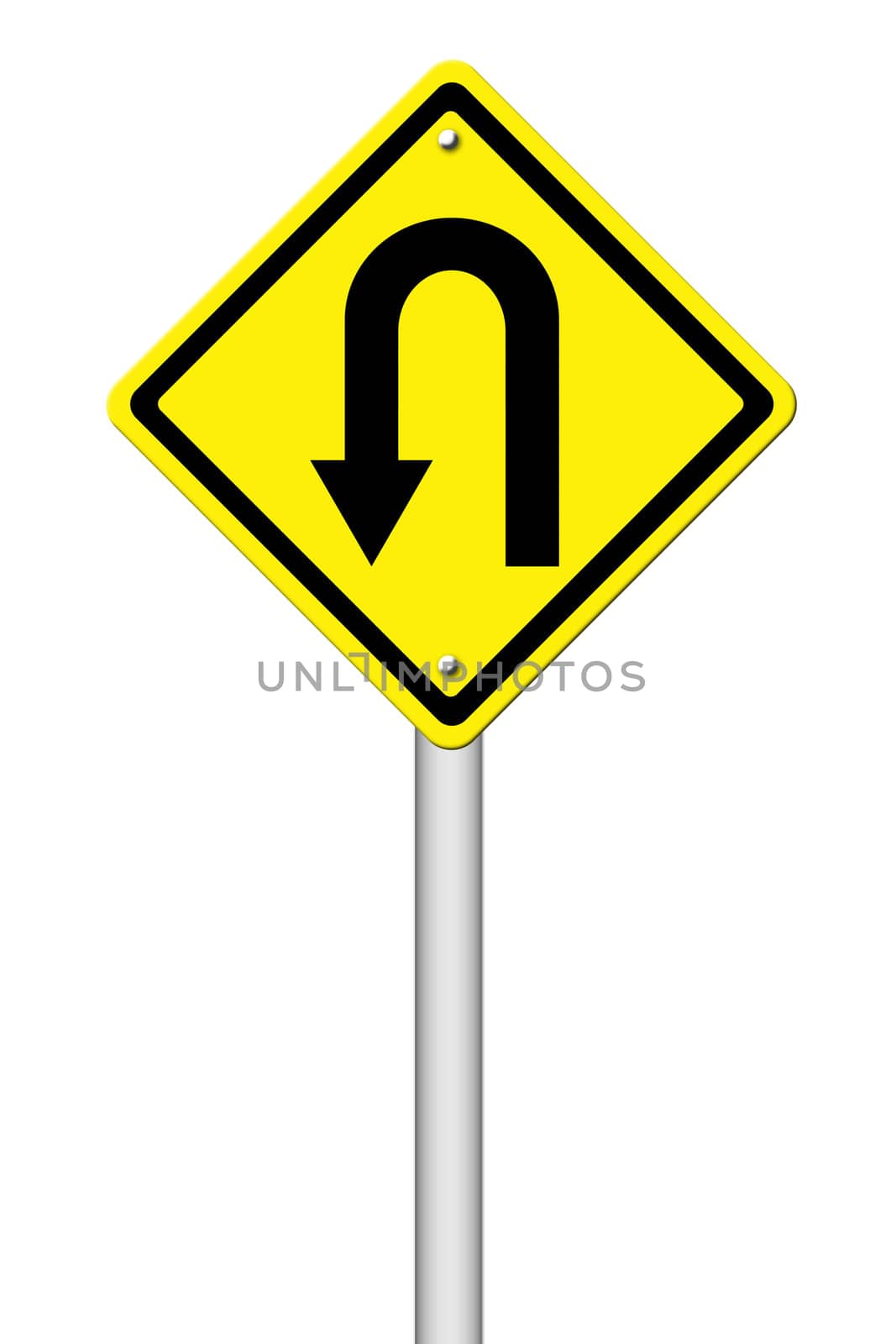 Yellow warning sign u-turn roadsign on white background