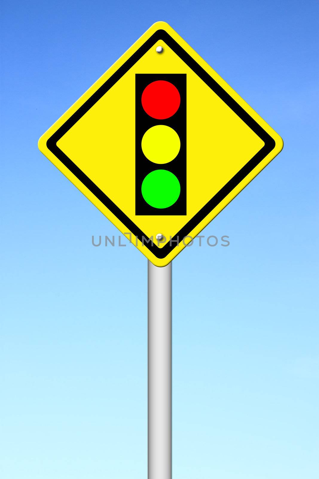 Traffic light ahead warning sign with blue sky background
