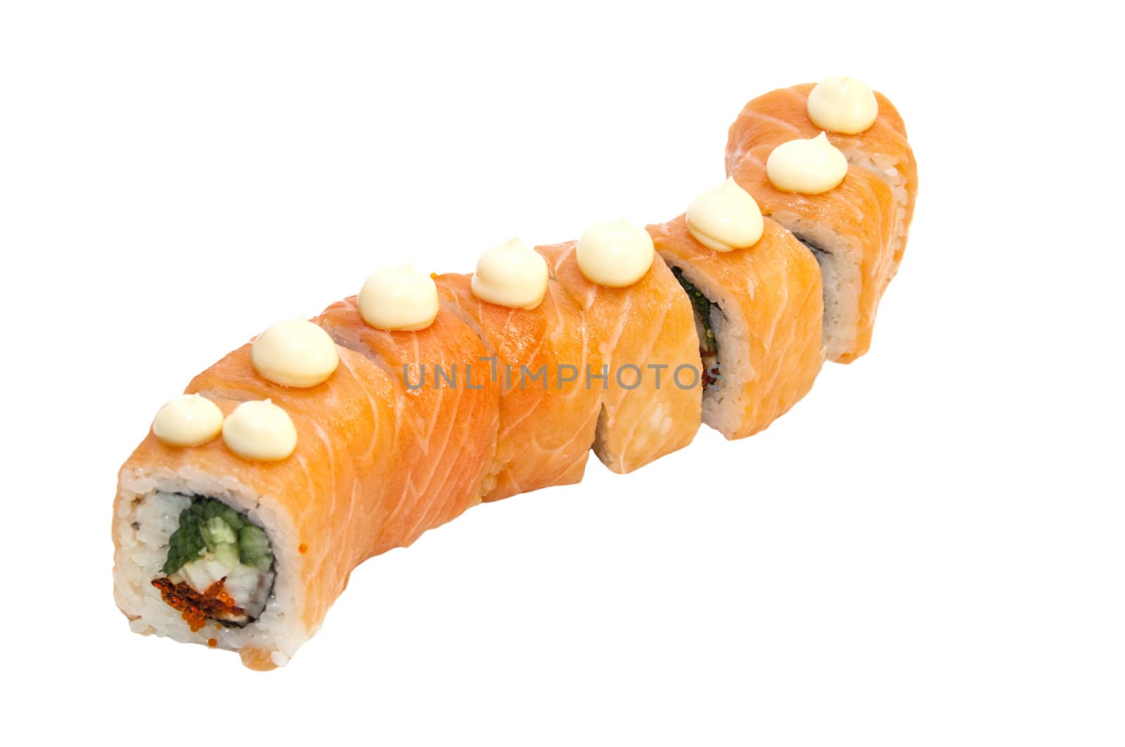 Japanese rolls in a restaurant with fish and vegetables