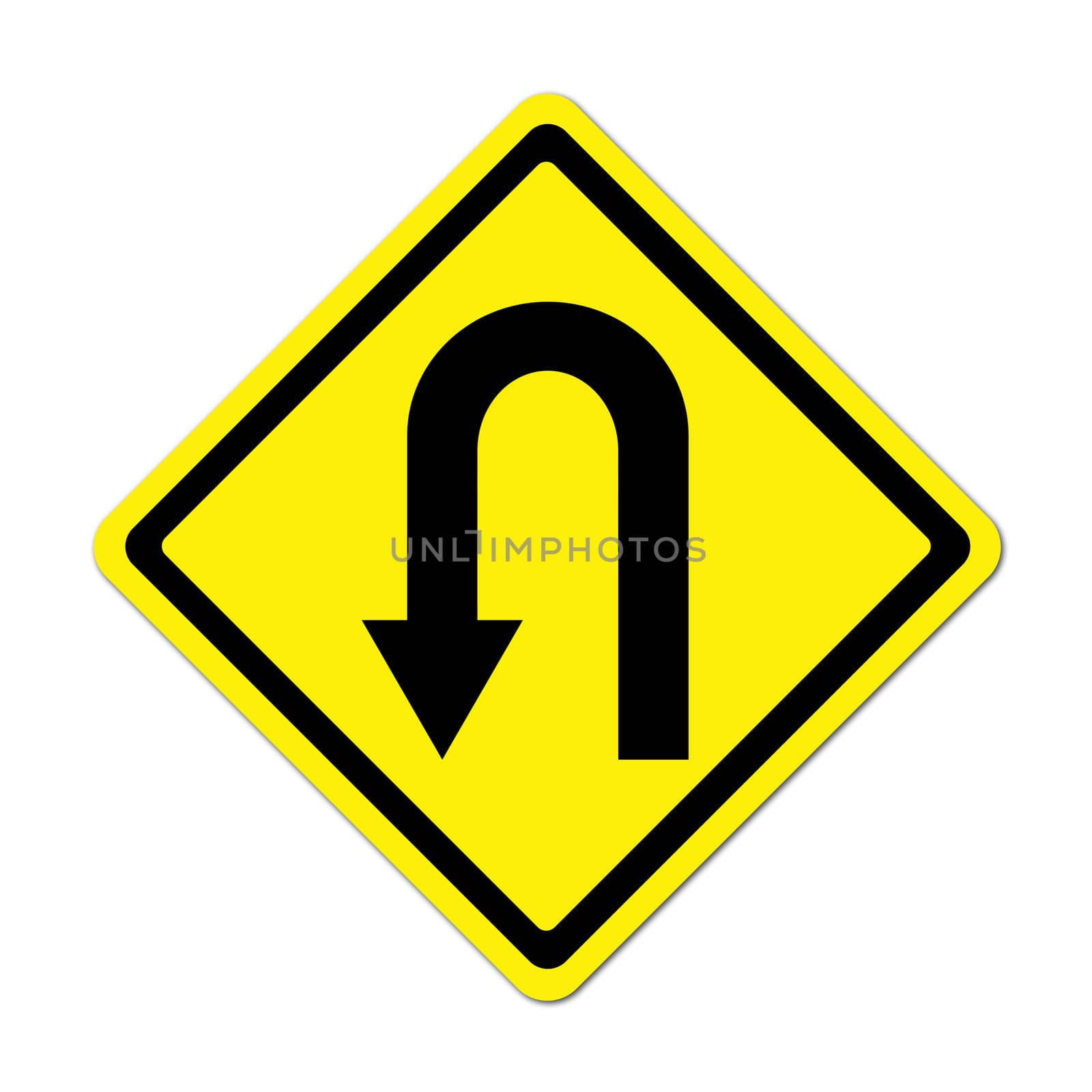 Yellow warning sign u-turn roadsign on white background