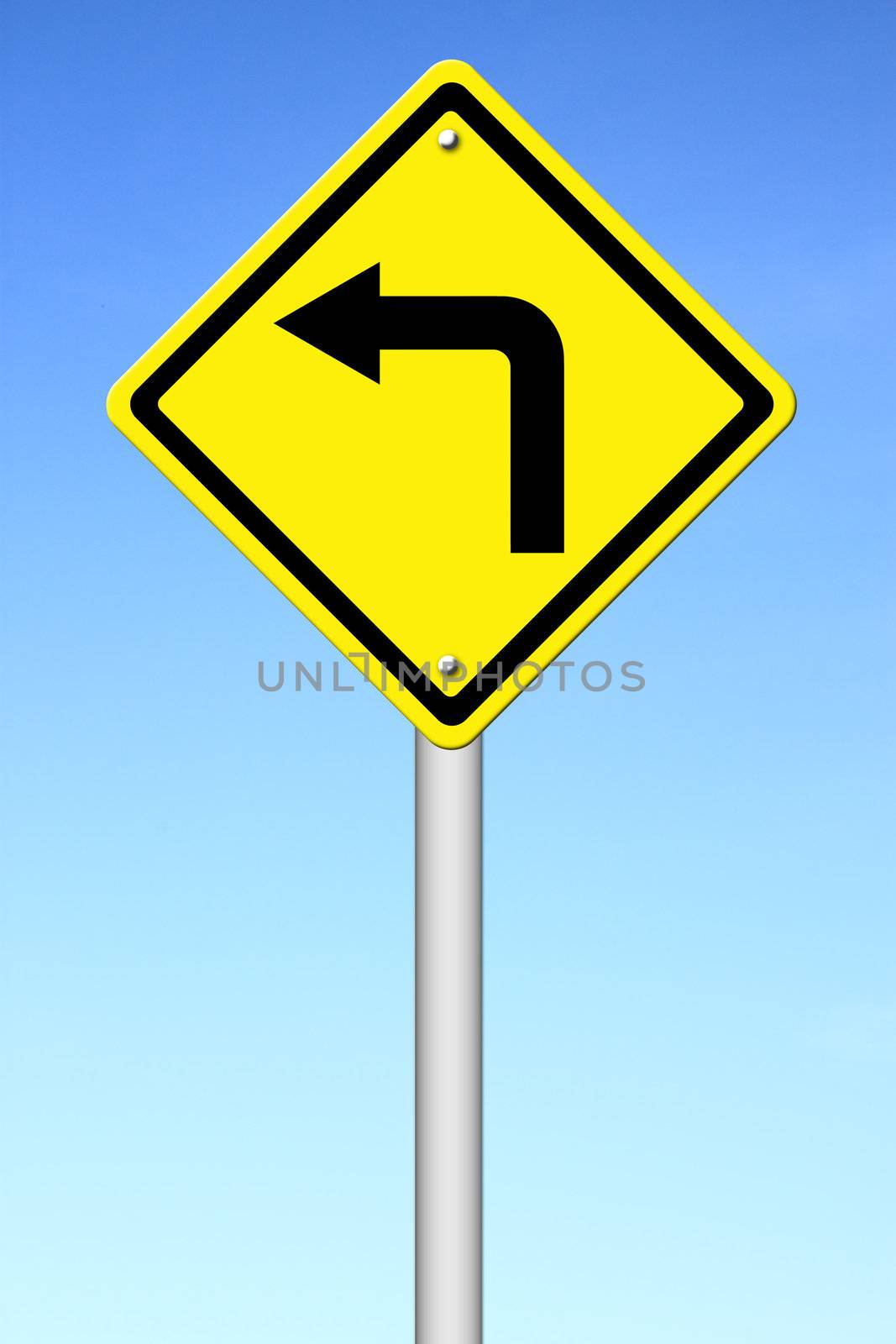 Road Sign - Left Turn Warning with blue sky