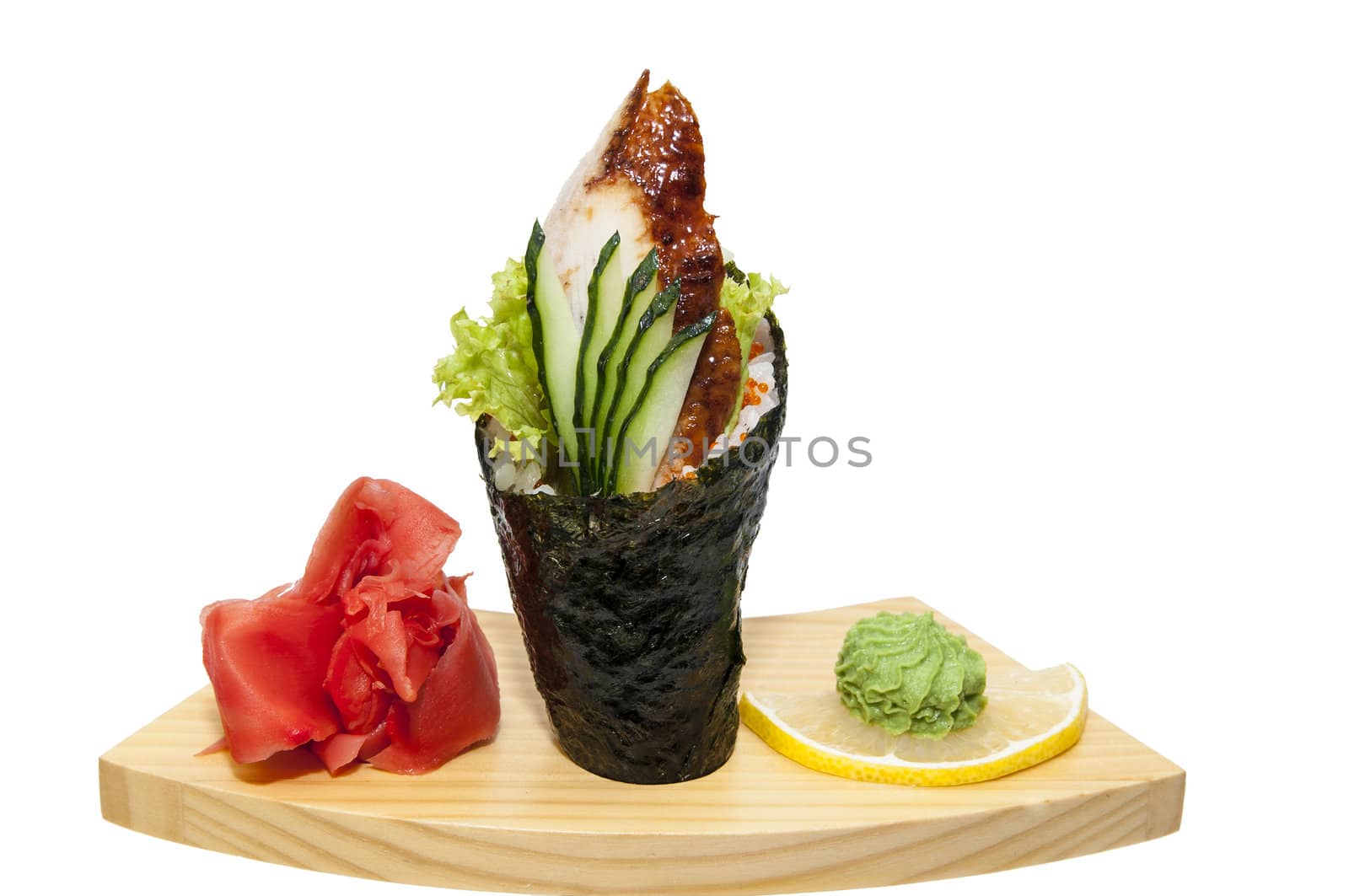 Japanese cuisine in the restaurant temaki with meat fish eel