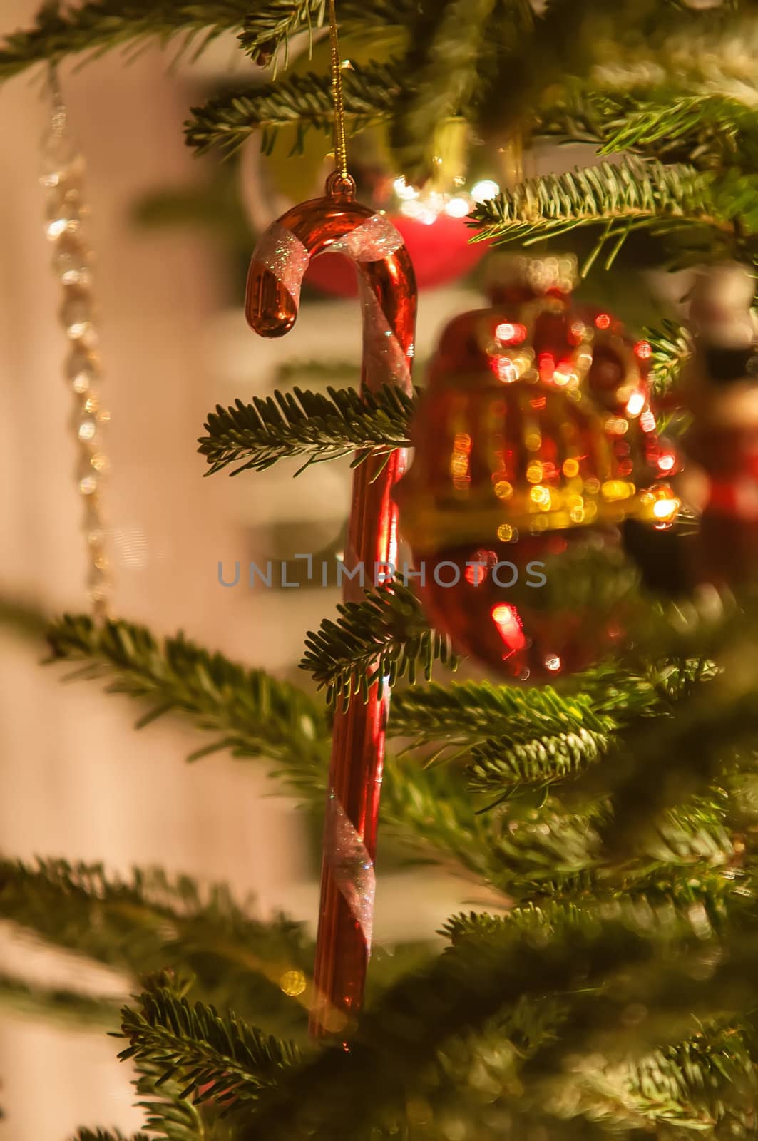 Christmas tree ornaments on Christmas tree, closeup