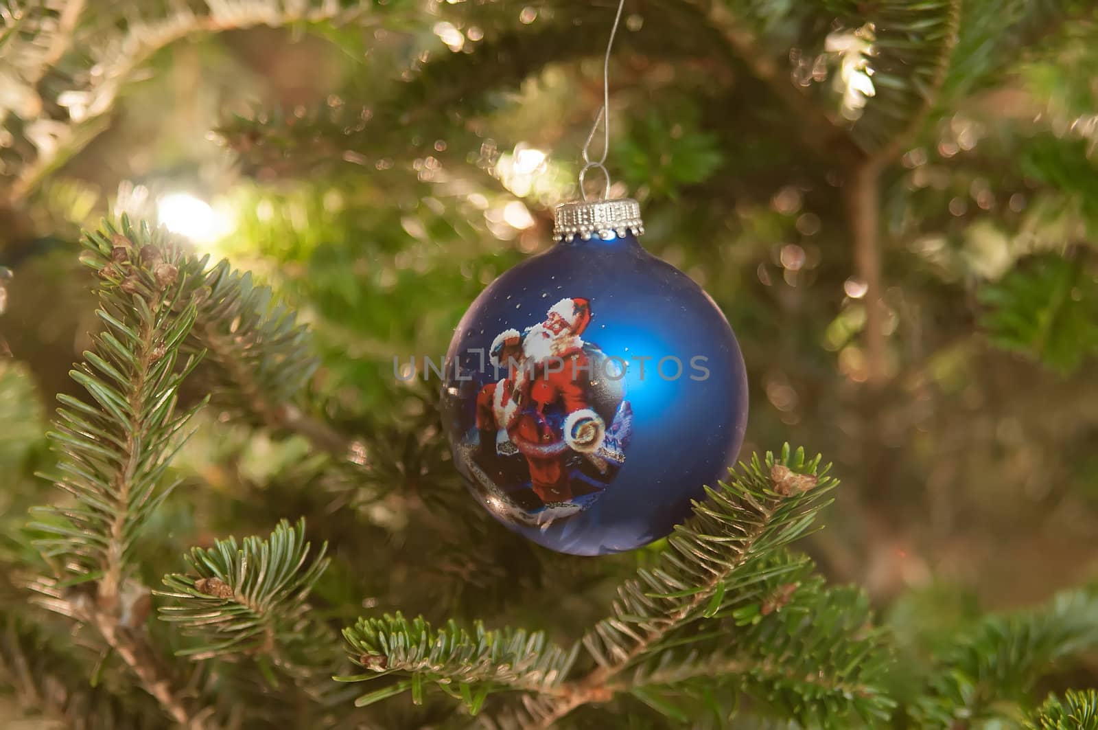 Christmas tree ornaments on Christmas tree, closeup