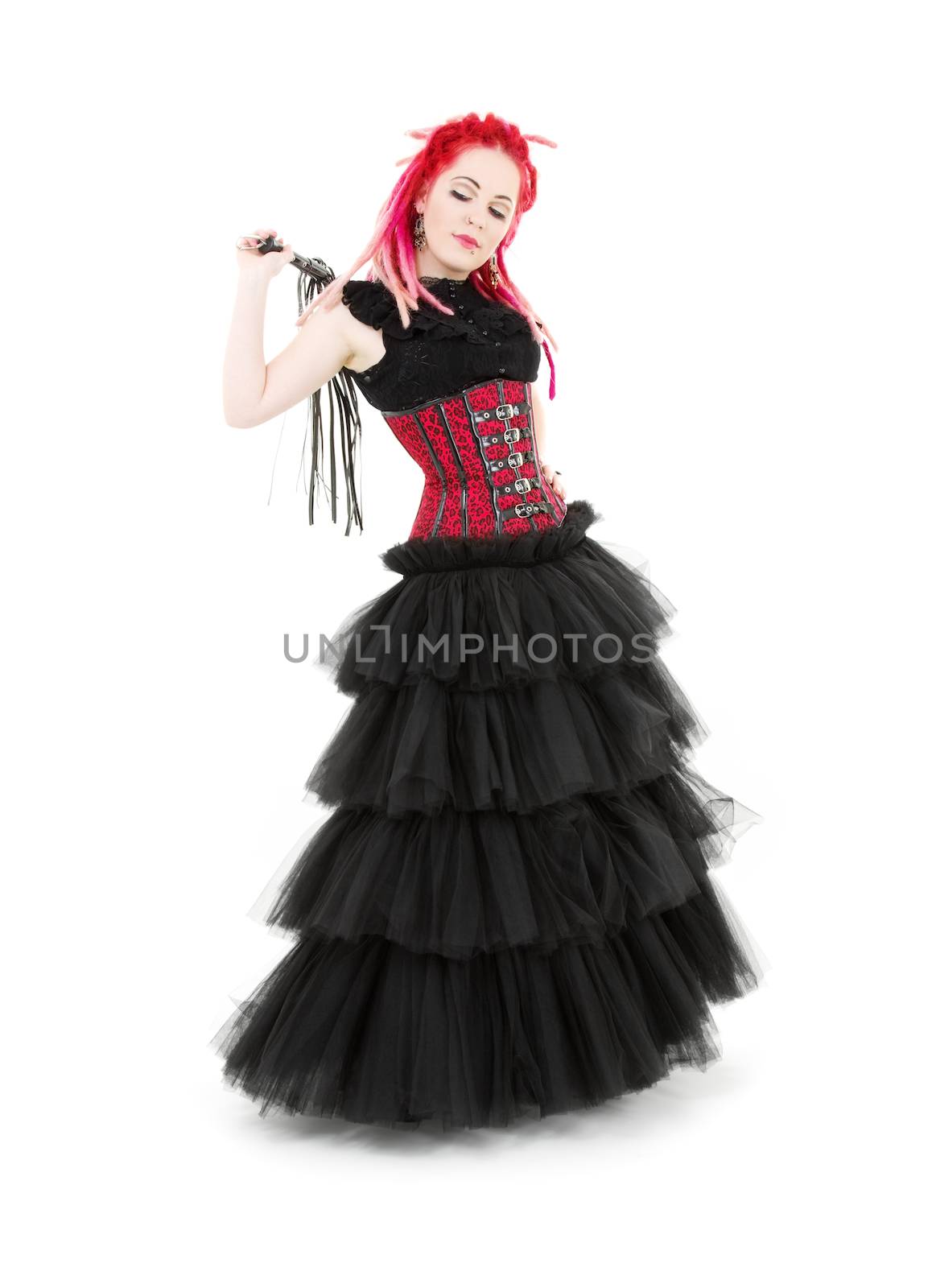 picture of dominant lady with whip over white