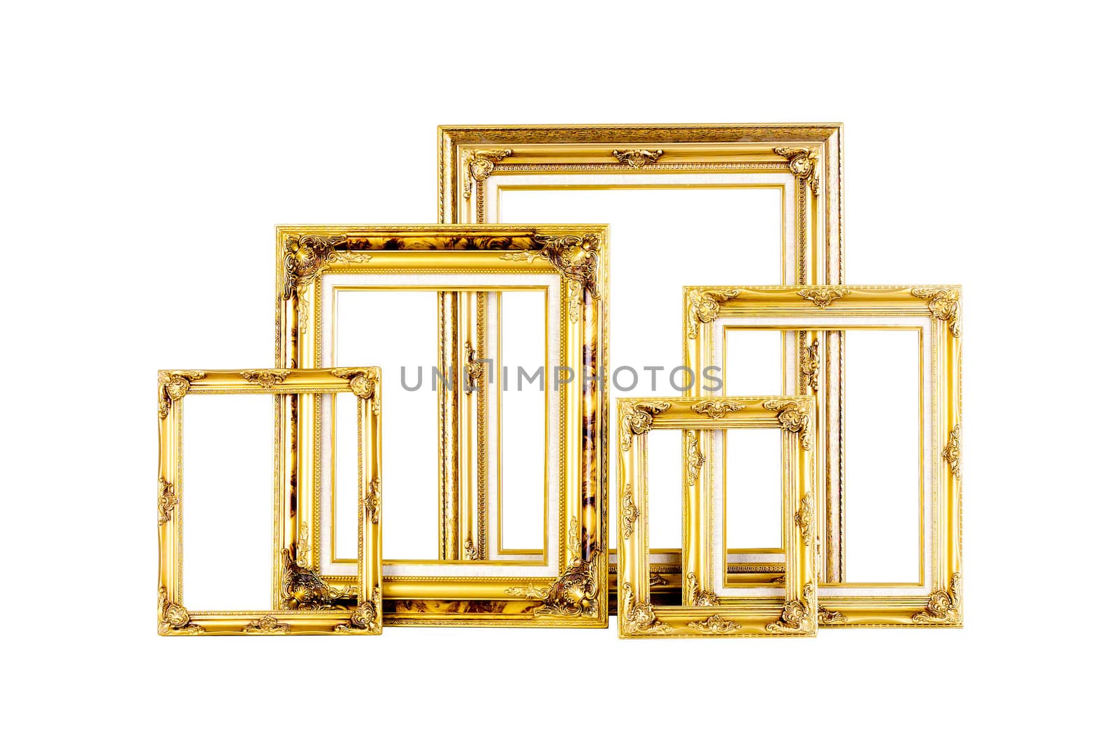 Luxury golden photo frames in different size isolated 