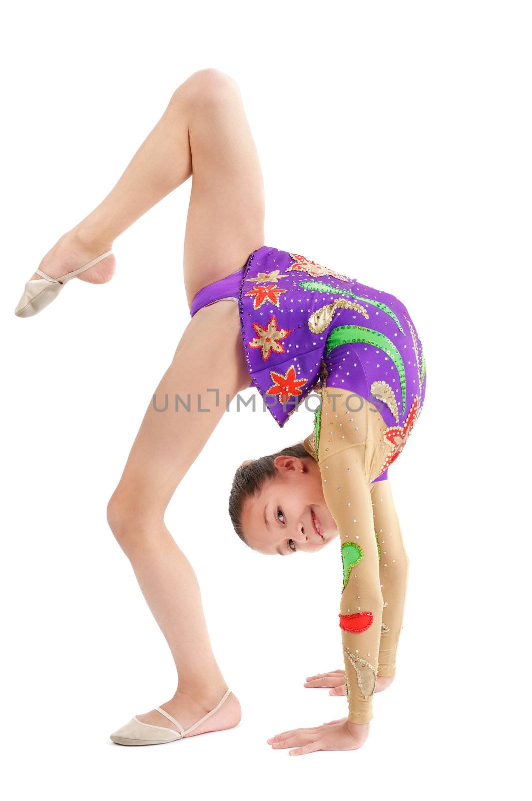 Young Girl Gymnast Do Gymnastic Bridge on white background