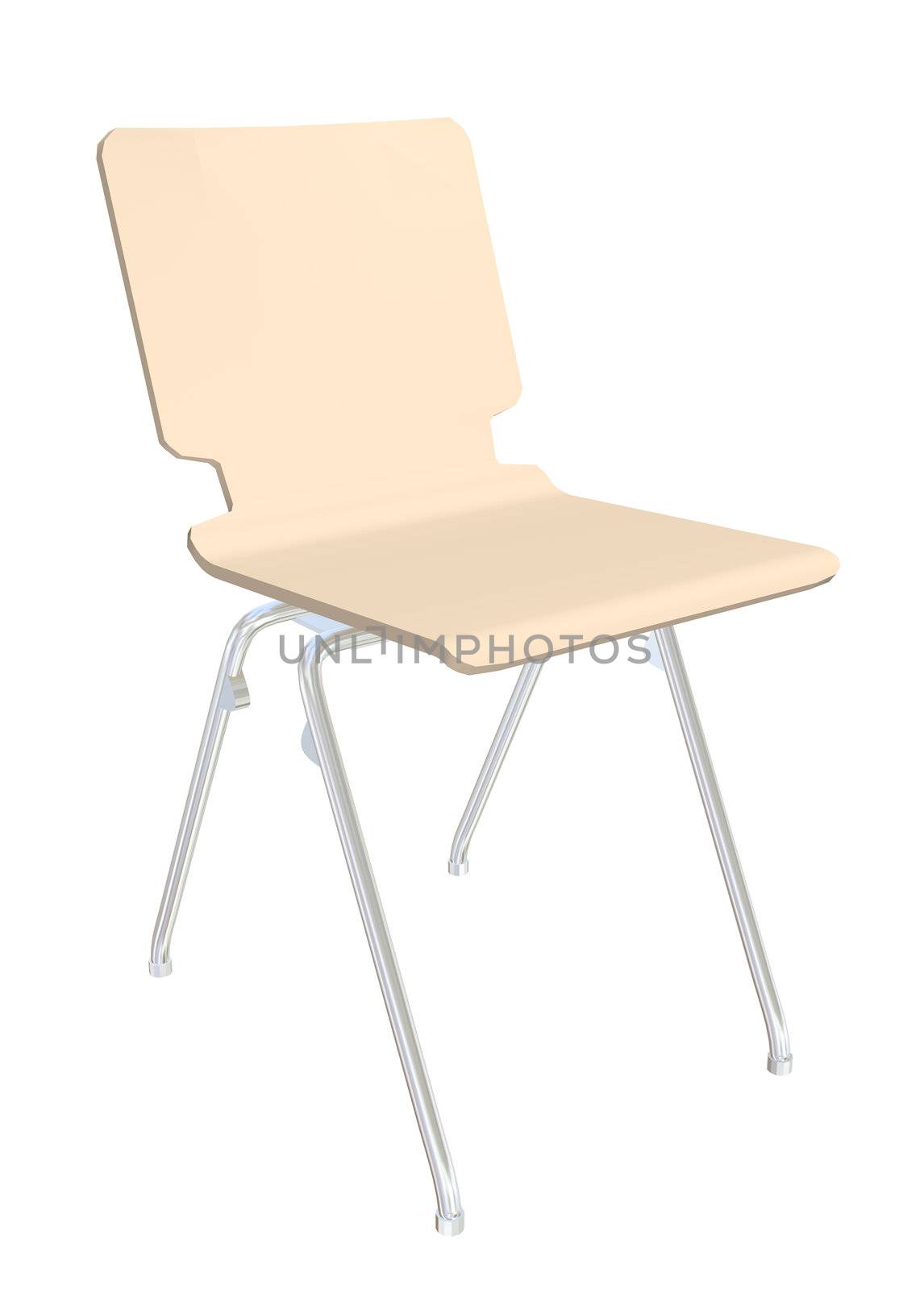 Stackable plastic chair, cream, metal legs,  3D illustration, isolated against a white background.