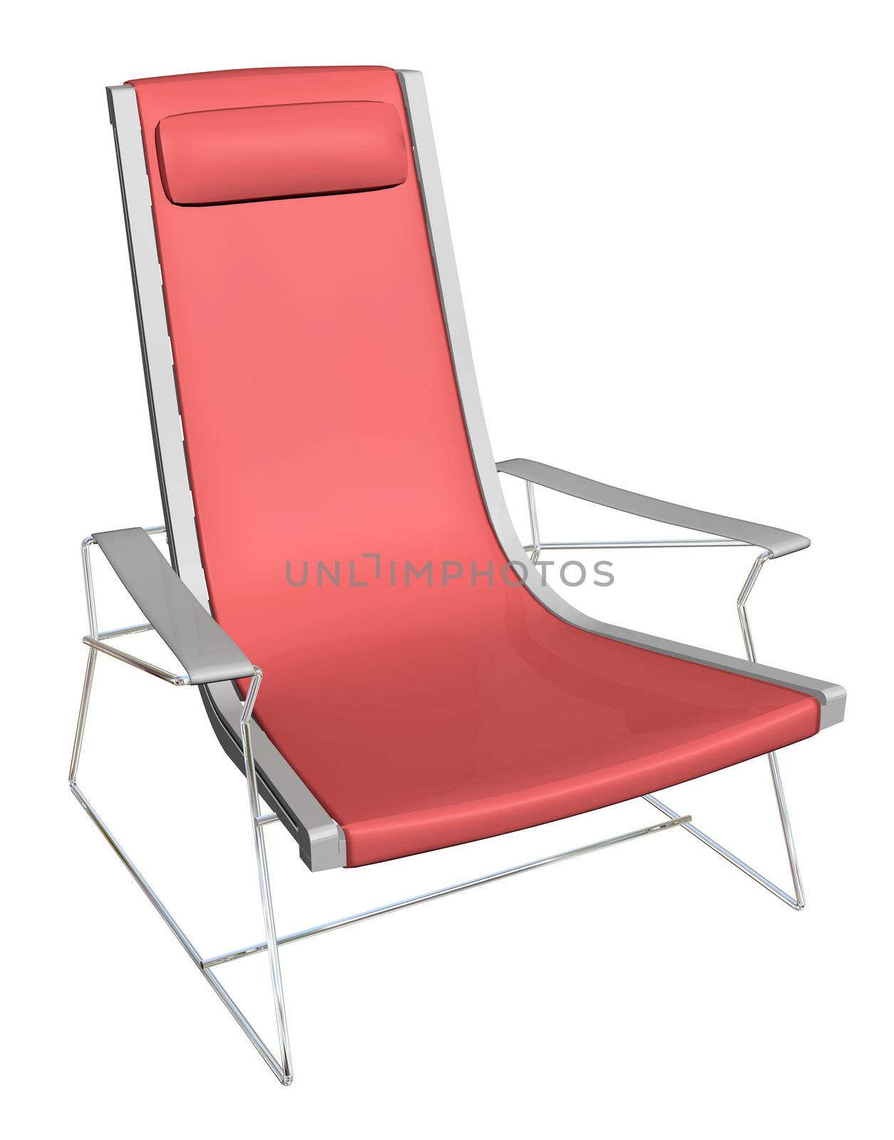 Plastic lounge chair, red, metal frame, with headrest armrest,  3D illustration, isolated against a white background.