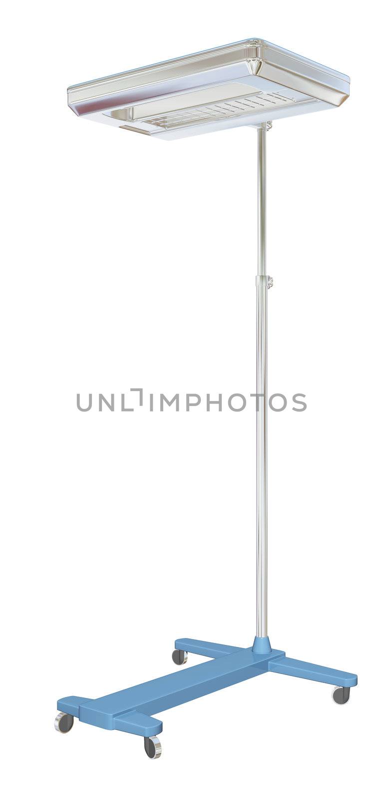 Mobile medical examination lamp, white blue, metal, 3D illustration, isolated against a white background.