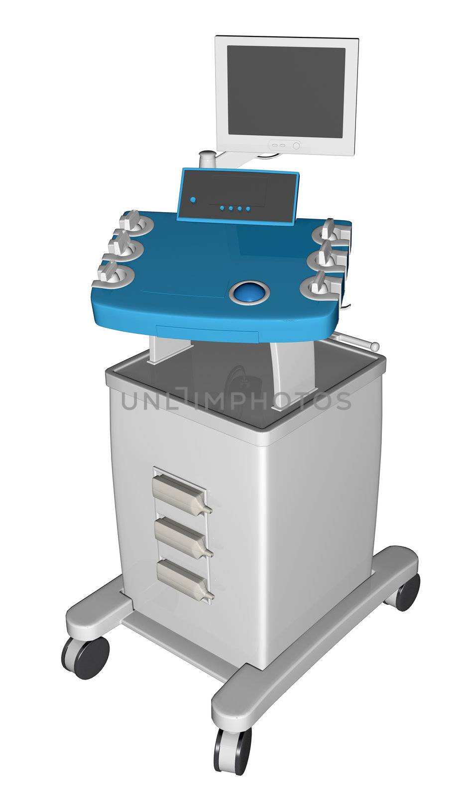 EGC or electrocardiogram device or cardiograph, 3D illustration, isolated against a white background.