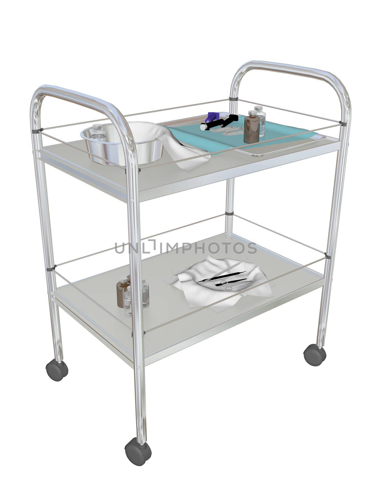 Mobile medical utility cart, 3D illustration, isolated against a white background.