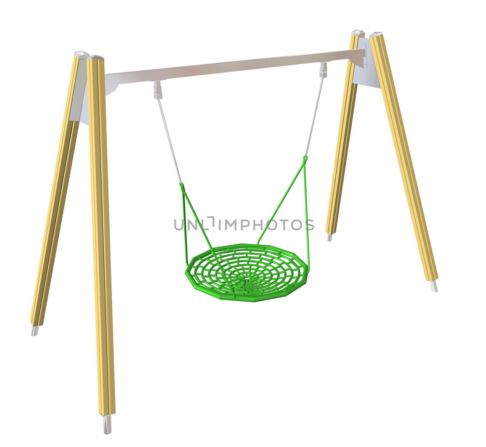 Netted swing, yellow and green, 3D illustration, isolated against a white background.