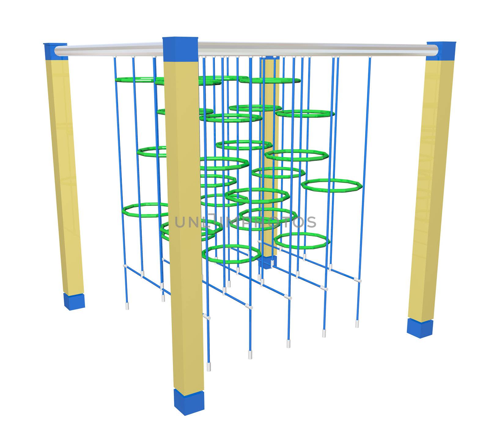 Climbing bars and rings, green blue and yellow, 3D illustration, isolated against a white background.