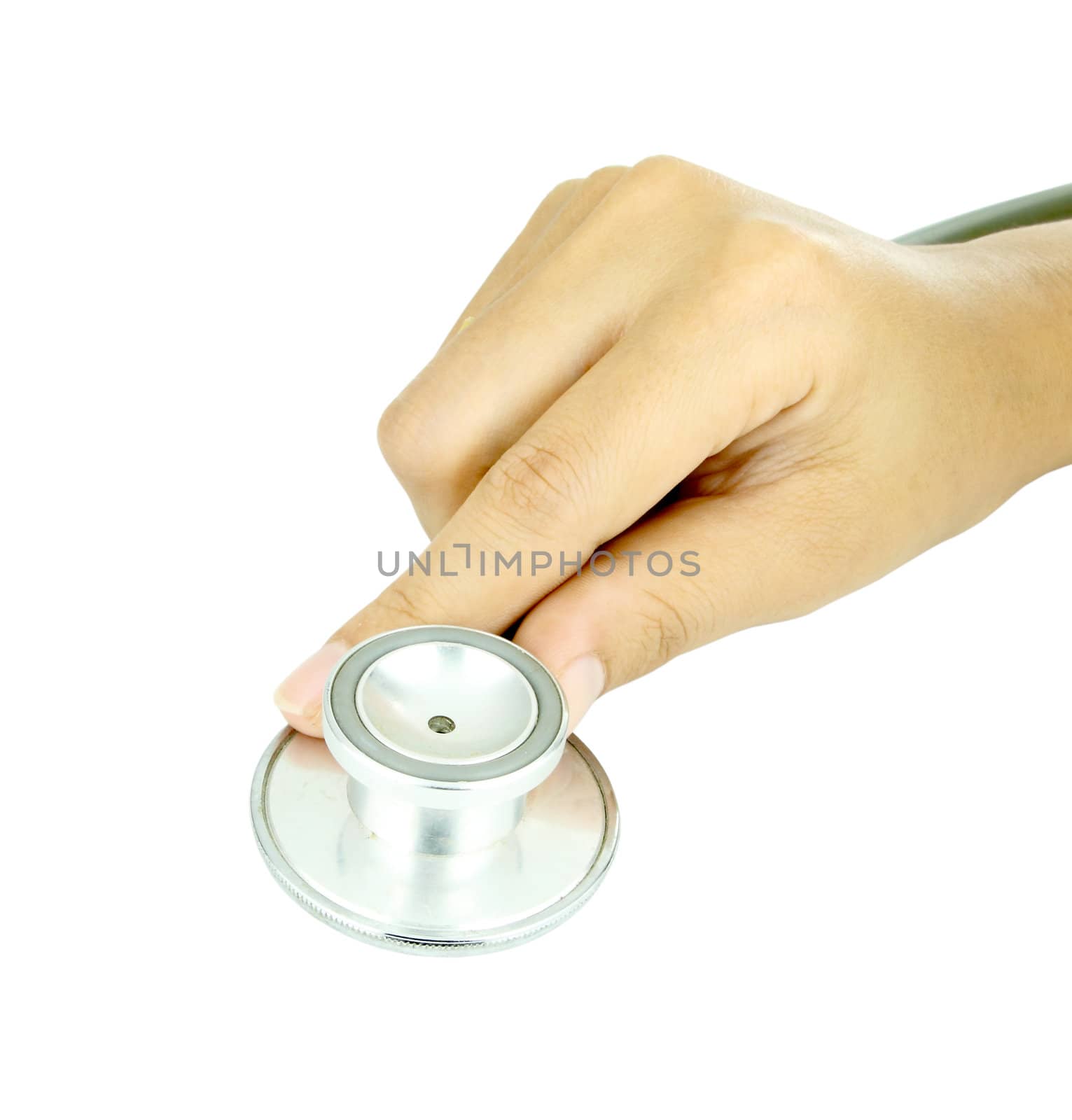 doctor hand with stethoscope on white background