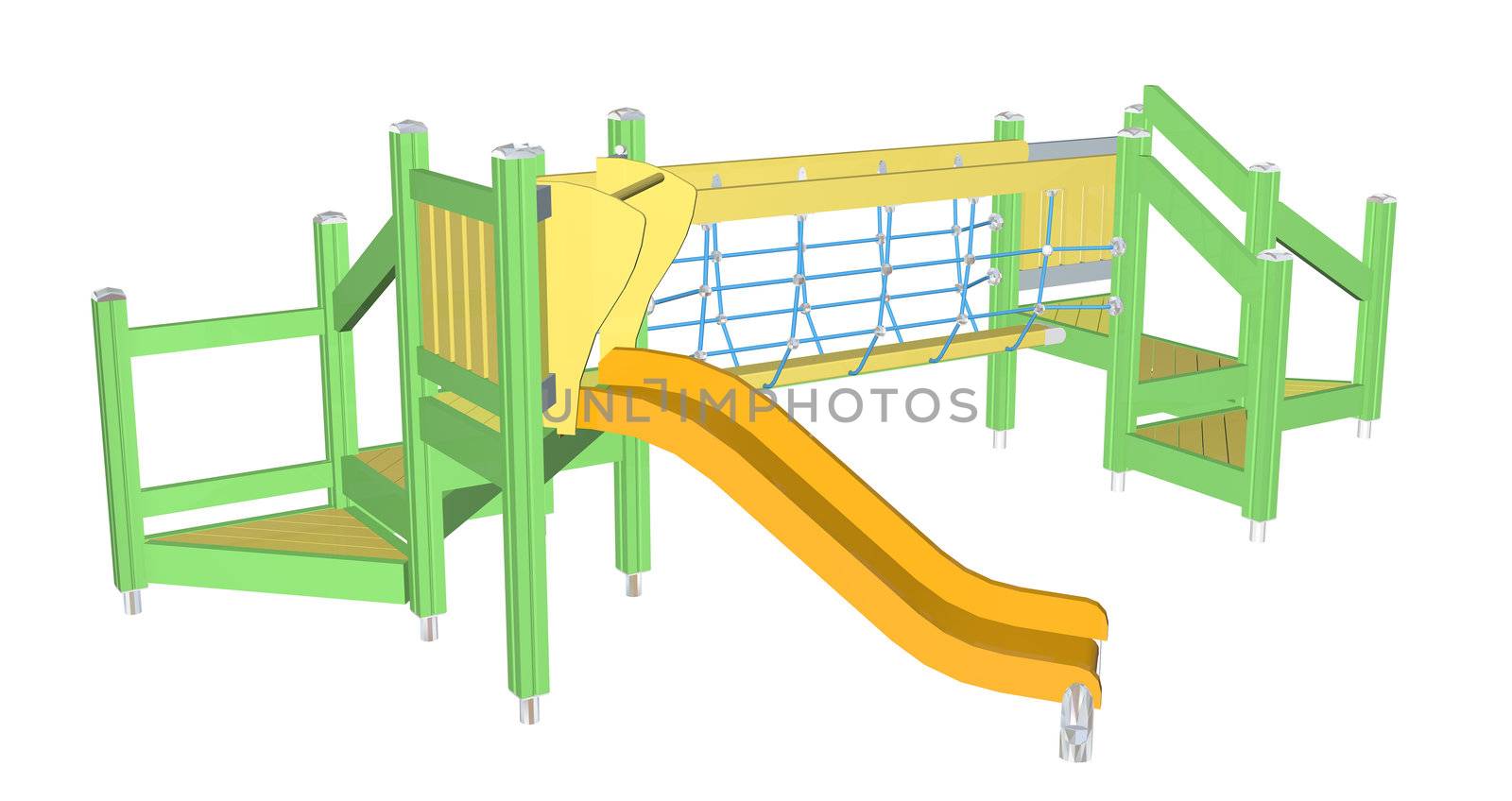 Kiddie Slide and Crawling Net, yellow and green, 3D illustration, isolated against a white background.