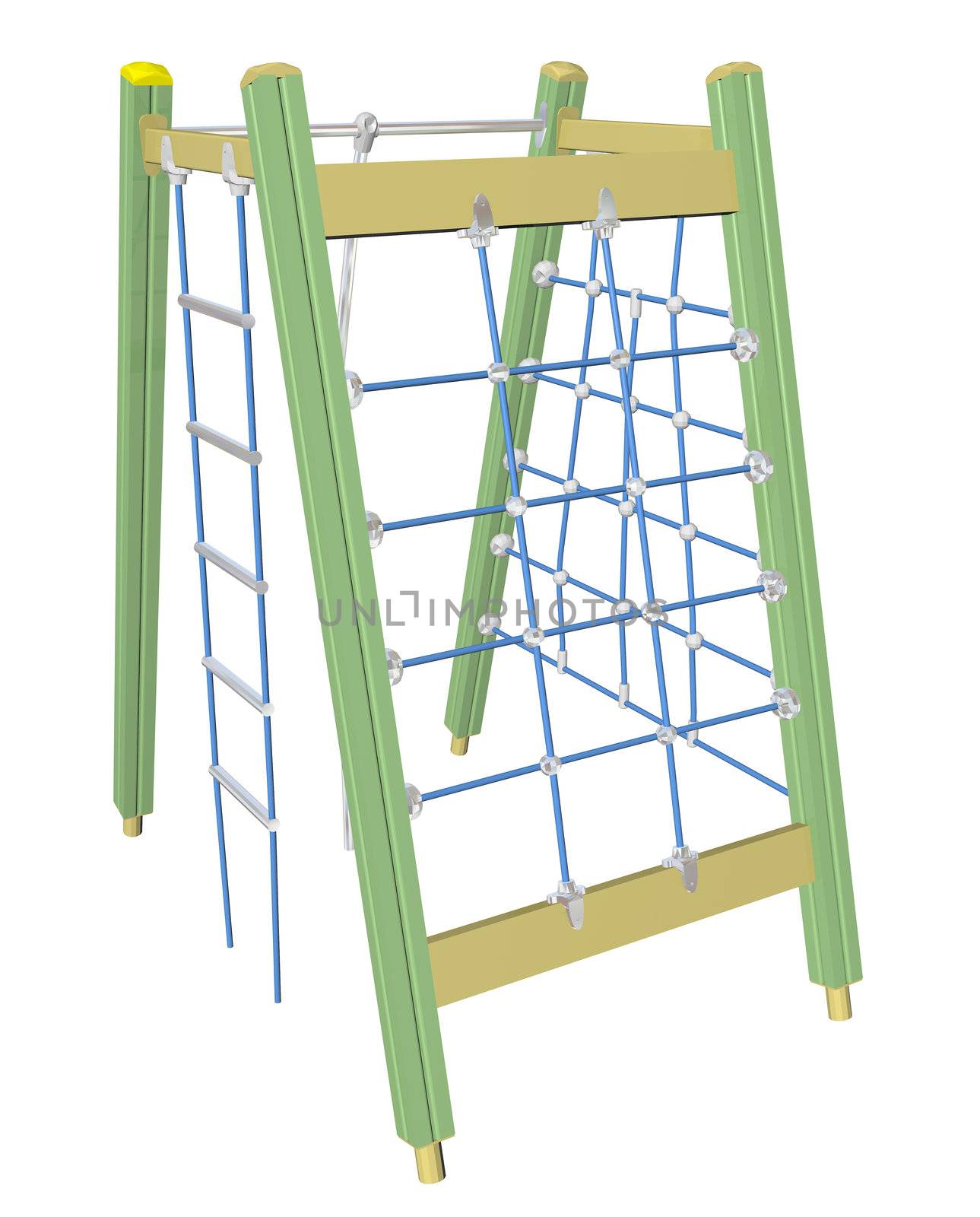 Play and climbing net, yellow green blue, 3D illustration, isolated against a white background.