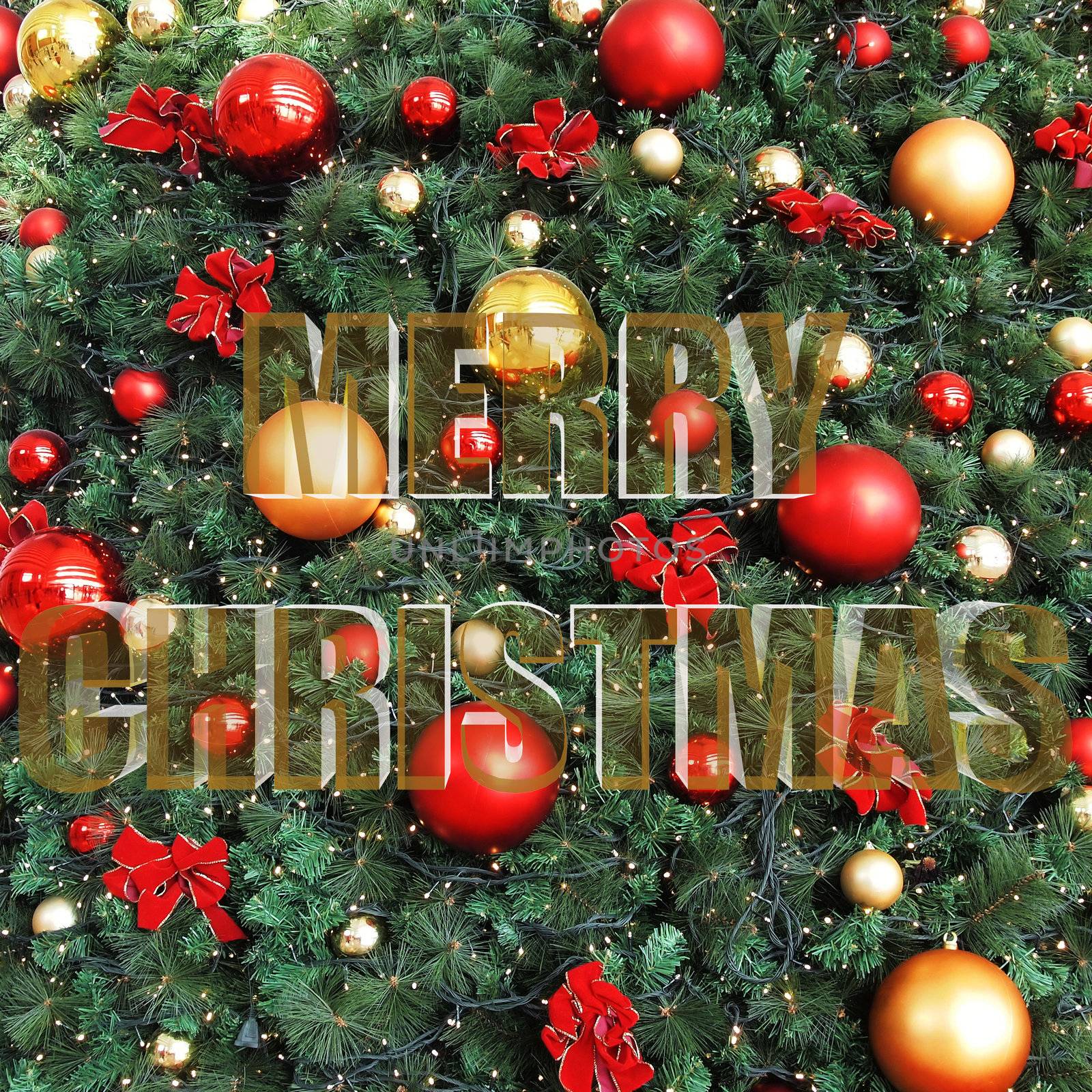 Merry Christmas with Decorative Christmas balls and Christmas tree