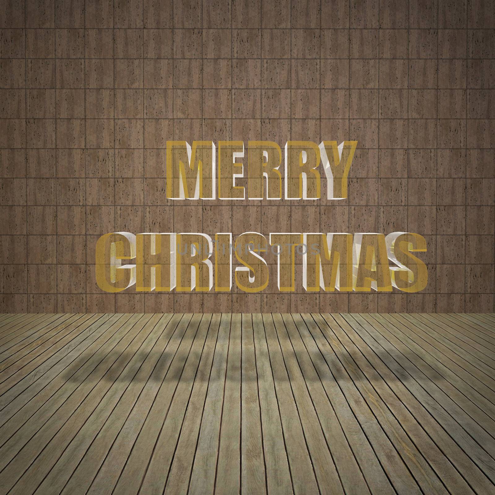 Merry Christmas with limestone wall and wooden floor