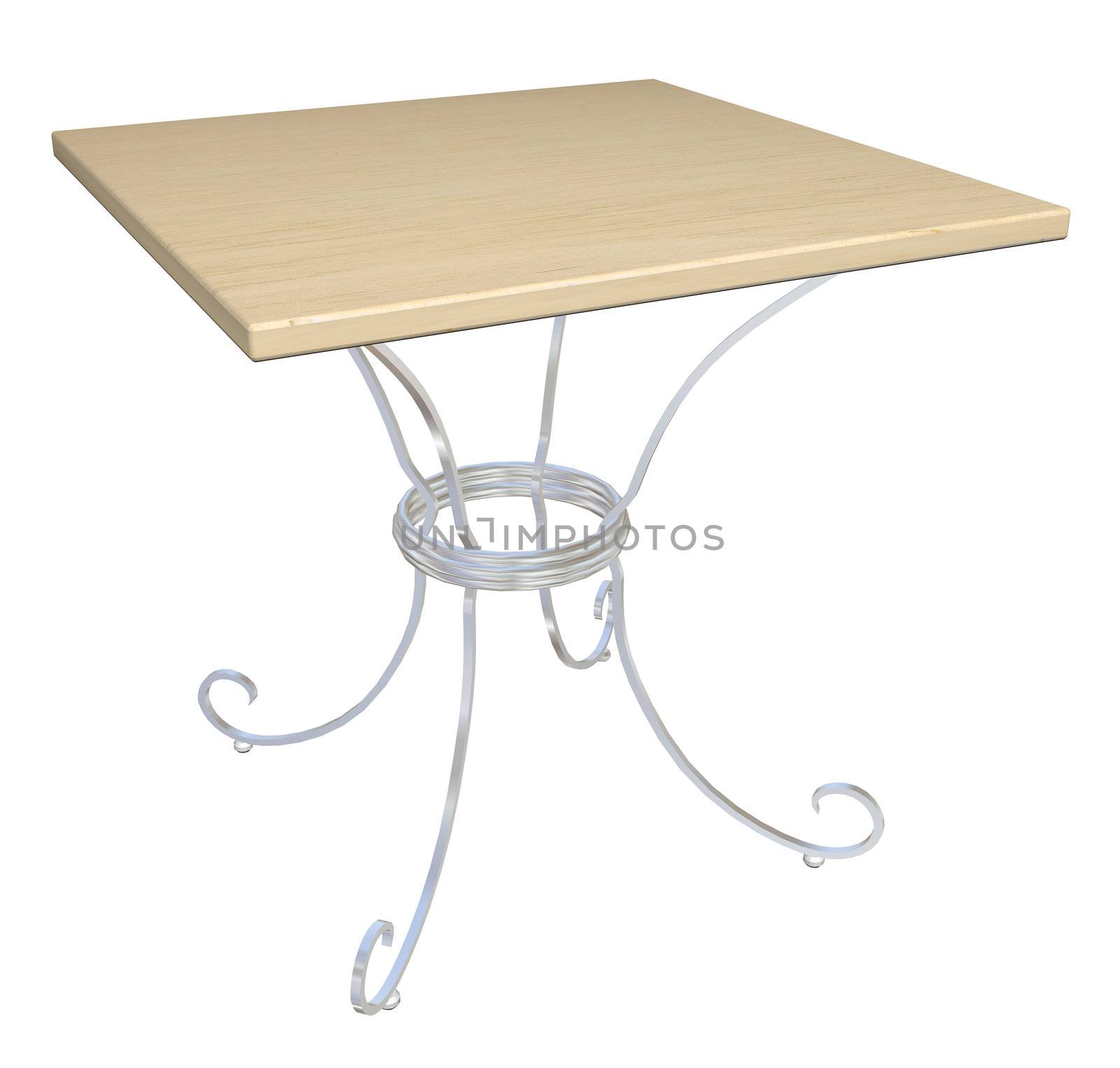 Square wooden cafe table, cast-iron base,  3D illustration, isolated against a white background.