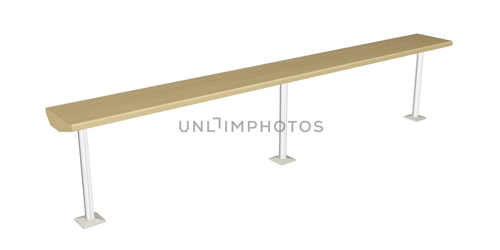 Balance beam or wooden rail, wooden with metal posts, 3D illustration