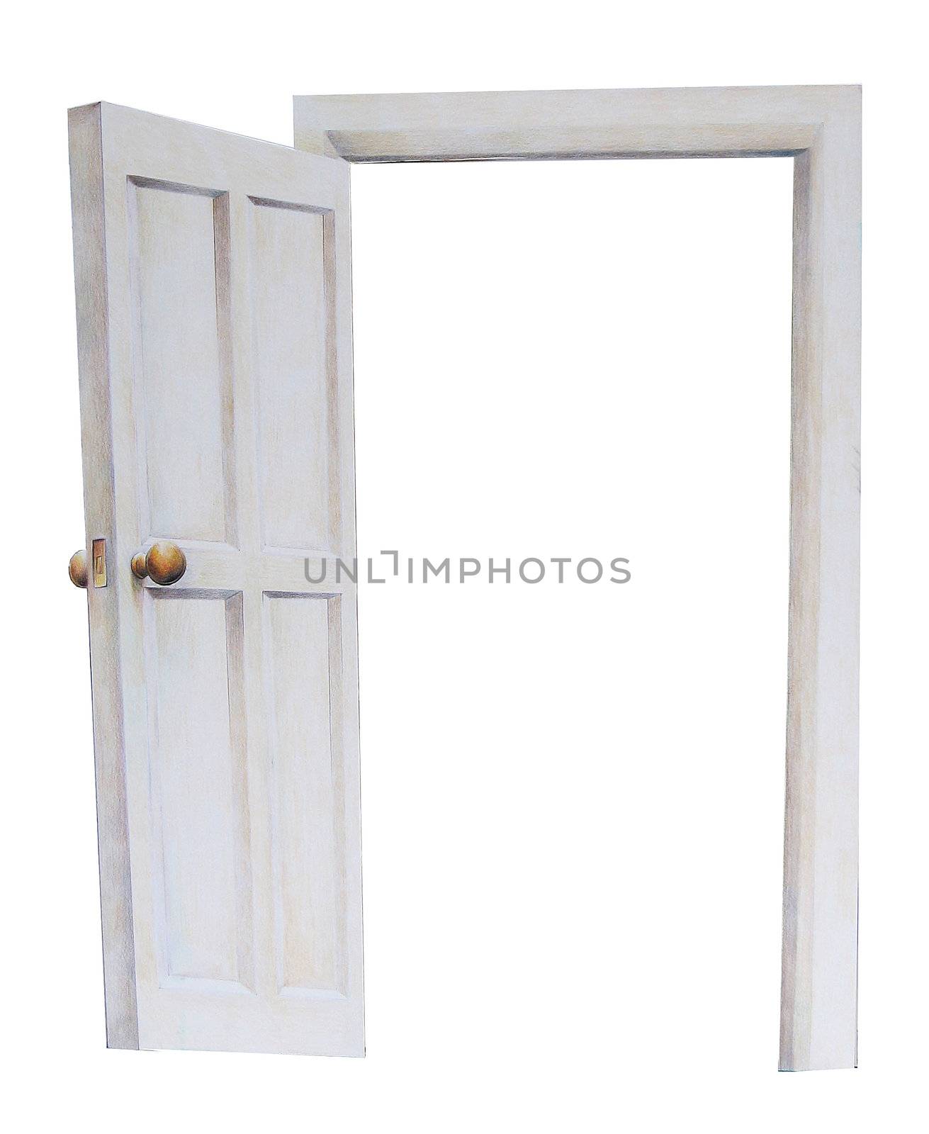 Opened door on a white background. Cut-out. Door to imaginary world. Color illustration