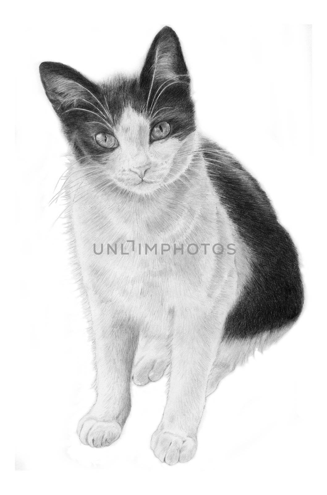 Black and White Cat, hand sketeched realistic Illustration