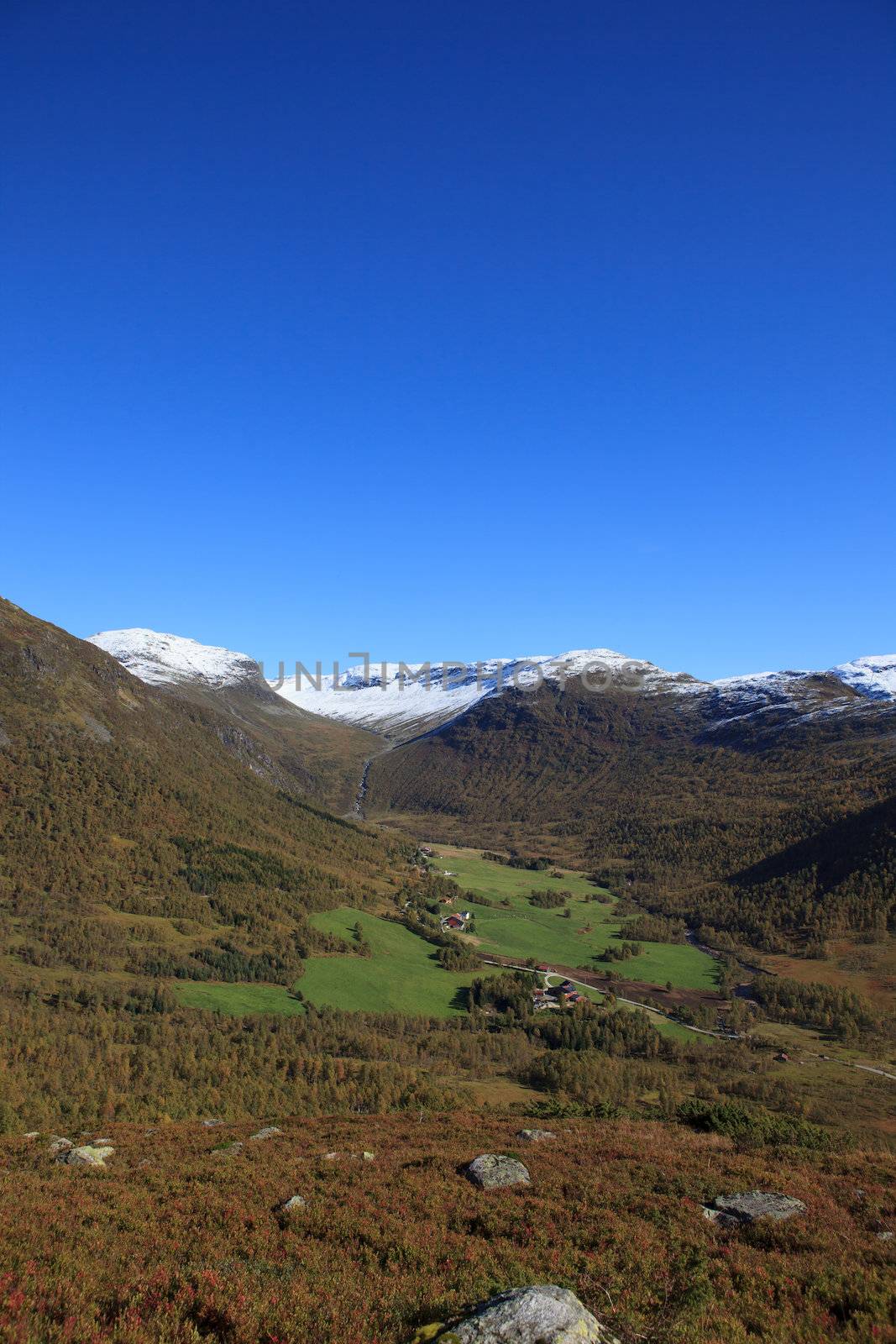 Early Norwegian mountain landscape with snow on peaks